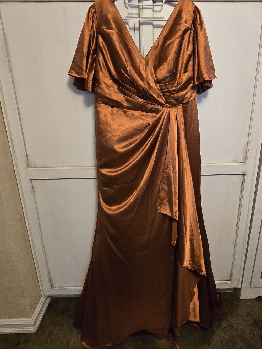 Copper Satin Wrap-Style Evening Gown